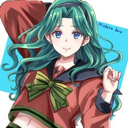 Rule 34 | 1girl, absurdres, arm behind head, bishoujo senshi sailor moon, black headband, blouse, blue eyes, chanmarorux, character name, closed mouth, curled fingers, forehead, green hair, hand up, headband, highres, kaiou michiru, long sleeves, looking at viewer, multicolored hair, navel, parted bangs, red shirt, sailor neptune, school uniform, serafuku, shirt, simple background, smile, solo, star (symbol), two-tone background, upper body, wavy hair