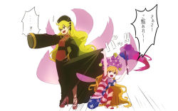 Rule 34 | !?, ..., 2girls, american flag dress, american flag legwear, black dress, blonde hair, chinese clothes, clothes lift, clownpiece, dress, dress lift, fairy wings, hat, high heels, jester cap, junko (touhou), long hair, long sleeves, multiple girls, namauni, open mouth, pantyhose, print dress, red eyes, simple background, smile, squatting, tabard, torch, touhou, very long hair, wide sleeves, wings