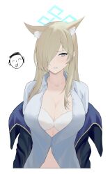 Rule 34 | 1boy, 1girl, animal ear fluff, animal ears, blonde hair, blue archive, blush, bra, breasts, cleavage, collarbone, doodle sensei (blue archive), hair over one eye, halo, highres, jacket, kanna (blue archive), large breasts, long hair, long sleeves, looking at viewer, navel, open clothes, open jacket, partially unbuttoned, sensei (blue archive), shirt, simple background, solo focus, sweat, takaman (gaffe), tongue, underwear, upper body, white background, white bra