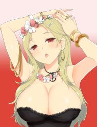 Rule 34 | 1girl, armband, armlet, armpits, arms up, bangle, blonde hair, blush, bracelet, breast mousepad, breasts, cleavage, collarbone, earrings, flower, flower necklace, gold, gold earrings, gold ring, gradient background, hair flower, hair ornament, hairclip, highres, hoop earrings, jewelry, large breasts, long hair, looking at viewer, mole, mole under mouth, mousepad, mousepad (medium), multiple rings, necklace, official art, open mouth, peace symbol, pendant, red eyes, red flower, ring, senran kagura, senran kagura shinovi versus, shiki (senran kagura), shiny skin, solo, teeth, tongue, upper body, upper teeth only, white flower, yaegashi nan