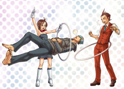 Rule 34 | 1girl, 2boys, ^^^, ace attorney, alternate costume, apollo justice, apollo justice: ace attorney, armpits, bare shoulders, barefoot, beard stubble, black hair, blue necktie, boots, brown hair, capcom, dress, earrings, facial hair, feet, flat chest, floating, goatee stubble, hat, hoop, hula hoop, jewelry, kobashi, magic trick, magician, multiple boys, mustache stubble, necktie, pants, phoenix wright, polka dot, polka dot background, red pants, scarf, sleeping, sleeves rolled up, stubble, trucy wright