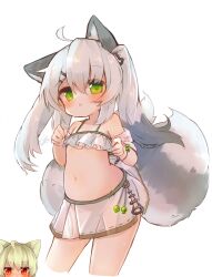 Rule 34 | 1girl, ahoge, animal ears, bare shoulders, bikini, bikini skirt, blush, cat hair ornament, chestnut mouth, contrapposto, cropped legs, ear down, flat chest, fluffy, frilled bikini, frills, green eyes, grey hair, hair between eyes, hair ornament, hairclip, hands up, heart, heart-shaped pupils, highres, long hair, looking at viewer, miniskirt, multicolored hair, multiple tails, navel, original, parted lips, sidelocks, simple background, skirt, solo, stomach, sunapua, swimsuit, symbol-shaped pupils, tail, twintails, two-tone bikini, wet, white background, white hair, white skirt
