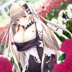 Rule 34 | 1girl, azur lane, black dress, blurry, bow, breast hold, breasts, bug, butterfly, cleavage, collarbone, commentary request, day, depth of field, dress, dutch angle, enchuu, flower, formidable (azur lane), frilled dress, frills, garden, hair bow, highres, bug, large breasts, light rays, long hair, long sleeves, looking at viewer, nail polish, outdoors, red eyes, red flower, rose, silver hair, smile, solo, sunbeam, sunlight, twintails, very long hair, white flower
