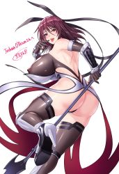Rule 34 | 1girl, ass, boots, breasts, covered erect nipples, high heel boots, high heels, highleg, highleg leotard, highres, holding, holding weapon, huge ass, huge breasts, kurone rinka, leotard, looking at viewer, mature female, mizuki shiranui, naughty face, nipples, red eyes, shiny skin, simple background, smile, solo, taimanin (series), taimanin yukikaze, thighhighs, thighs, thong leotard, tongue, tongue out, weapon, white background