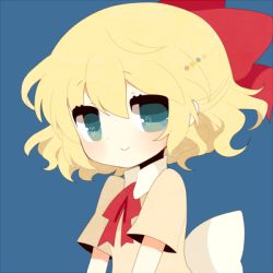 Rule 34 | 1girl, blonde hair, blue background, blue eyes, bow, hair bow, haru (kyou), looking at viewer, mother (game), mother 2, neck ribbon, nintendo, paula (mother 2), ribbon, short hair, simple background, smile, solo, upper body