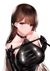 Rule 34 | 1girl, absurdres, an yasuri, bare shoulders, black gloves, breasts, brown hair, choker, collarbone, dress, elbow gloves, gloves, halter dress, halterneck, highres, holding, large breasts, latex, latex dress, latex gloves, long hair, looking at viewer, original, pink eyes, simple background, sleeveless, sleeveless dress, smile, solo, taut clothes, taut dress, upper body, white background