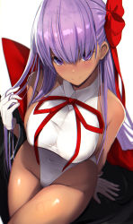 Rule 34 | 1girl, bare shoulders, bb (fate), bb (fate) (all), bb (swimsuit mooncancer) (fate), bb (swimsuit mooncancer) (third ascension) (fate), black coat, blush, breasts, coat, covered navel, dark-skinned female, dark skin, fate/grand order, fate (series), gloves, hair ribbon, highleg, highleg leotard, highres, large breasts, leotard, long hair, looking at viewer, neck ribbon, open clothes, open coat, popped collar, purple eyes, purple hair, red ribbon, ribbon, smile, solo, tan, thighs, untue, very long hair, white gloves, white leotard