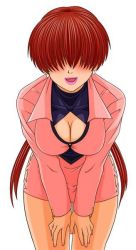 Rule 34 | 1girl, bent over, breasts, cleavage, earrings, hair over eyes, jewelry, large breasts, lipstick, makeup, red hair, shermie (kof), snk, solo, the king of fighters