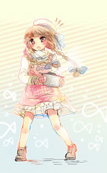 Rule 34 | 1girl, apron, blush, bow, braid, brown hair, funamusea, hair bow, hat, highres, holding, holding pot, long hair, mittens, oounabara to wadanohara, open mouth, orange eyes, oven mitts, pink mittens, pleated skirt, pot, revanche, sailor hat, sketch, skirt, solo, striped, striped background, twin braids, wadanohara
