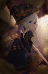 Rule 34 | 1girl, absurdres, black hat, black shirt, black skirt, blue eyes, bow, broom, cat, commentary request, glowing, grey hair, hair between eyes, halloween, halloween bucket, hat, hat bow, highres, holding, holding broom, ichijou (kr neru0), jack-o&#039;-lantern, lantern, leaning forward, long hair, looking at viewer, looking back, orange bow, original, pantyhose, parted lips, pleated skirt, puffy short sleeves, puffy sleeves, shirt, short sleeves, skirt, smile, solo, standing, striped clothes, striped pantyhose, witch hat