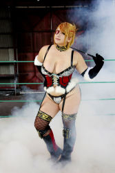 Rule 34 | 1girl, arena, blonde hair, boxing ring, breasts, chouzuki maryou, cleavage, cosplay, eyepatch, highres, hip focus, large breasts, mistress spencer, mistress spencer (cosplay), photo (medium), plump, rumble roses, rumble roses xx, smoke, solo, thick thighs, thighs, wide hips