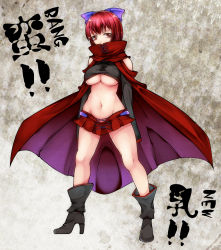 Rule 34 | 1girl, adapted costume, aoshima, bare shoulders, boots, bow, breasts, cape, covered mouth, crop top, female focus, groin, hair bow, high collar, high heel boots, high heels, highres, large breasts, long sleeves, looking at viewer, midriff, miniskirt, no bra, red eyes, red hair, revealing clothes, sekibanki, shirt, skirt, solo, touhou, underboob
