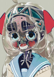 1girl absurdres ahoge android audio_jack battery blue_eyes blue_sailor_collar bow brown_cardigan cardigan grey_background grey_hair hair_bow hair_ribbon heart highres humanoid_robot indie_virtual_youtuber long_hair looking_at_viewer mechanization neuro-sama red_bow red_ribbon ribbon robot sadecsss sailor_collar school_uniform see-through_body serafuku simple_background solo upper_body virtual_youtuber