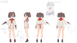 Rule 34 | arms at sides, bare legs, black footwear, blue eyes, bridal gauntlets, brown hair, buttons, character sheet, closed mouth, clothes lift, double-breasted, dress, enkyo yuuichirou, facing viewer, from behind, from side, hand up, highres, long sleeves, midriff, multicolored hair, neckerchief, official art, pink hair, red neckerchief, scabbard, sheath, sheathed, short shorts, short sword, shorts, skirt, skirt lift, smile, streaked hair, sukashi masamune, sword, tantou, tenka hyakken, twintails, weapon, white dress, wide sleeves