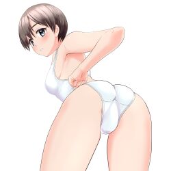 Rule 34 | 1girl, absurdres, ass, black hair, competition swimsuit, crotch seam, from behind, grey eyes, highres, leaning forward, looking at viewer, looking back, one-piece swimsuit, original, parted lips, short hair, solo, standing, swimsuit, takafumi, white one-piece swimsuit