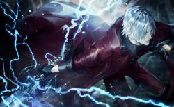 Rule 34 | 1boy, belt, black footwear, black gloves, blue eyes, closed mouth, coat, collarbone, covered collarbone, dante (devil may cry), devil may cry (series), devil may cry 1, electricity, gloves, grey hair, highres, holding, holding sword, holding weapon, leg belt, male focus, open clothes, open coat, red coat, solo, sword, thigh strap, utkw n, weapon