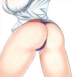 Rule 34 | 10s, 1girl, ass, blue panties, breasts, butt crack, close-up, covered erect nipples, kantai collection, lace, large breasts, no pants, out of frame, panties, paundo2, simple background, solo, stomach, thigh gap, underwear, urakaze (kancolle), white background