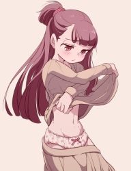 Rule 34 | 1girl, blunt bangs, brown hair, clothes lift, embarrassed, half-closed eyes, ica tm, kagari atsuko, lace, lace-trimmed panties, lace trim, little witch academia, long hair, long sleeves, navel, panties, polka dot, polka dot panties, pout, sad, shirt lift, sidelocks, solo, stomach, tama (tama-s), underwear, undressing