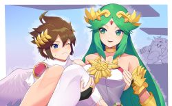 Rule 34 | 1boy, 1girl, age difference, ancient greek clothes, brown hair, carrying, child, chiton, choker, commentary, couple, crown, dual persona, forehead jewel, gauntlets, green eyes, green hair, highres, jewelry, katwo, kid icarus, kirby, kirby (series), lifting person, long hair, necklace, nintendo, one eye closed, onee-shota, palutena, pit (kid icarus), princess carry, sidelocks, single thighhigh, sleeveless, super smash bros., thighhighs, wings