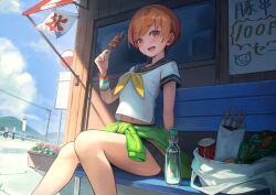 Rule 34 | 1girl, 2boys, :d, absurdres, bench, black sailor collar, blue sky, blush, brown eyes, brown hair, bus stop, can, clothes around waist, cloud, coca-cola, commentary request, cup ramen, drink can, food, food stand, green jacket, hakusyokuto, hanamura yousuke, highres, holding, holding food, holding skewer, instant ramen, jacket, jacket around waist, knees together feet apart, looking at viewer, midriff peek, mountainous horizon, multiple boys, narukami yuu, navel, neckerchief, open mouth, outdoors, persona, persona 4, planter, power lines, ramune, sailor collar, satonaka chie, school uniform, shirt, short hair, short sleeves, sitting, skewer, sky, smile, soda can, solo focus, summer, sweat, track jacket, translation request, white shirt, wristband, yasogami school uniform, yellow neckerchief