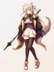 Rule 34 | 1girl, absurdres, ahoge, amano kusatsu, animal ears, arms at sides, bare shoulders, black jacket, black ribbon, black thighhighs, blonde hair, closed mouth, commentary request, dress, elbow gloves, fox ears, fox girl, fox tail, framed breasts, full body, gloves, hair ribbon, high collar, highres, holding, holding weapon, jacket, light blush, looking at viewer, off-shoulder jacket, off shoulder, original, ribbon, shoes, sleeveless, sleeveless dress, smile, sneakers, solo, strapless, strapless dress, tail, thighhighs, tube dress, two side up, underbust, weapon, white dress, zettai ryouiki