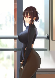 Rule 34 | 1girl, ass, bad id, bad pixiv id, black leotard, black pantyhose, blurry, breasts, brown eyes, brown hair, closed mouth, day, depth of field, from side, gongba laoge, hair bun, highleg, highleg leotard, indoors, large breasts, leaning on object, leotard, original, pantyhose, sidelocks, single hair bun, solo, table, thighs, turtleneck