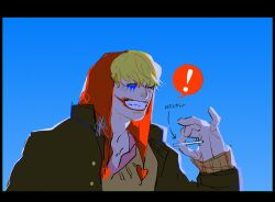 Rule 34 | !, 1boy, arrow (symbol), azisaiharumaki56, black border, blonde hair, blue sky, border, brown jacket, brown sweater, cigarette, clear sky, closed eyes, donquixote rocinante, facepaint, facing to the side, hand up, heart, high collar, highres, holding, holding cigarette, jacket, layered sleeves, lipstick, long sleeves, makeup, male focus, one piece, pink shirt, pinky out, red hood, shirt, short hair, signature, sketch, sky, smile, solo, speech bubble, spoken exclamation mark, sweater, teeth, three quarter view, translation request, undershirt, upper body