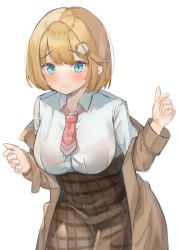 Rule 34 | 1girl, absurdres, artist request, blonde hair, blue eyes, breasts, coat, high-waist skirt, highres, hololive, hololive english, large breasts, necktie, shirt, skirt, trench coat, virtual youtuber, watson amelia, white shirt
