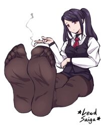 Rule 34 | 1girl, absurdres, artist name, bartender, between fingers, black hair, black skirt, black vest, cigarette, commentary, commission, english commentary, expressionless, feet, foot focus, full body, highres, holding, holding cigarette, jill stingray, lewdsaiga, long hair, long sleeves, looking at viewer, necktie, no shoes, pantyhose, pencil skirt, red eyes, red necktie, shirt, sidelocks, simple background, sitting, skirt, soles, solo, swept bangs, toes, twintails, va-11 hall-a, vest, white background, white shirt