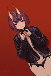 Rule 34 | 1girl, alternate costume, artist name, black jacket, blush, closed mouth, cowboy shot, dutch angle, eyeshadow, fate/grand order, fate (series), flat chest, gem, headpiece, highres, huang ting, jacket, long sleeves, looking at viewer, makeup, no bra, no pants, nose blush, oni, open clothes, open jacket, red background, short hair, shuten douji (fate), simple background, smile, solo, standing, thick eyebrows, thigh gap, thighs, tsurime, zipper