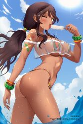 Rule 34 | abs, andromeda (fate), andromeda (second ascension) (fate), ass, bikini, bikini under clothes, blue sky, bracelet, braid, breasts, cloud, cloudy sky, criss-cross halter, crown braid, dark-skinned female, dark skin, day, fate/grand order, fate (series), food, halterneck, highleg, highleg bikini, highres, jewelry, large breasts, low ponytail, multicolored bikini, multicolored clothes, one eye closed, partially submerged, popsicle, rainbow bikini, see-through, sky, summer, sun, swimsuit, tan, tongue, tongue out, xkzan
