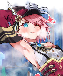 Rule 34 | 1girl, arm over head, armpits, blue brooch, blue eyes, blue gemstone, blush, breasts, brooch, cabbie hat, charlotte (genshin impact), close-up, commentary, detached sleeves, english commentary, gem, genshin impact, gloves, hat, hat feather, hat ribbon, highres, hot, jewelry, jimi paradise, lace-up sleeves, lips, long bangs, looking at viewer, one eye closed, pink hair, red hat, red sleeves, ribbon, short hair, small breasts, smile, solo, sparkle, steam, steaming body, sweat, swept bangs, thighs, upper body, white gloves