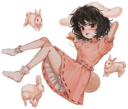 Rule 34 | 1girl, :p, animal ears, arms behind head, b nosk101, bare legs, black hair, bloomers, blush, bobby socks, carrot necklace, dress, flat chest, floppy ears, inaba tewi, jewelry, looking at viewer, messy hair, necklace, petite, pink dress, puffy short sleeves, puffy sleeves, rabbit, rabbit ears, rabbit tail, red eyes, short hair, short sleeves, simple background, socks, solo, tail, tongue, tongue out, touhou, underwear, white background