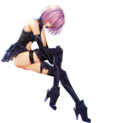 Rule 34 | 1girl, armor, armored boots, armpits, bare shoulders, black footwear, black gloves, black skirt, boots, breasts, bright pupils, closed mouth, clothing cutout, colored eyelashes, elbow gloves, fate (series), full body, gloves, hair over one eye, hakusai (tiahszld), high heel boots, high heels, invisible chair, knee up, leaning forward, looking at viewer, looking to the side, mash kyrielight, medium breasts, navel, navel cutout, pink eyes, pink hair, serious, short hair, simple background, sitting, skindentation, skirt, solo, stomach, thigh boots, thigh strap, thighhighs, thighs, tsurime, white background