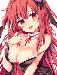 Rule 34 | 1girl, :d, babydoll, bare shoulders, black babydoll, blush, breasts, cleavage, detached collar, front-tie top, hair ornament, head tilt, headband, heart, heart-shaped pupils, highres, koakuma, large breasts, long hair, looking at viewer, maturiuta sorato, nipples, open mouth, red eyes, red headband, sidelocks, simple background, smile, solo, strap slip, symbol-shaped pupils, touhou, upper body, white background, wrist cuffs