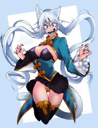 Rule 34 | :d, animal ears, artist logo, asymmetrical sleeves, black nails, black skirt, black sleeves, blue border, blue eyes, blue sleeves, blue tongue, border, breasts, cameltoe, cat ears, cat girl, cat tail, claw pose, clothes lift, coattails, colored tongue, commentary request, crazy eyes, crazy smile, dated, detached sleeves, facing viewer, fingernails, framed breasts, full body, hair between eyes, highres, large breasts, layered sleeves, long fingernails, long hair, looking at viewer, maebari, messy hair, midair, mismatched sleeves, mo2p seira, nail polish, no panties, ofuda, ofuda on pussy, open mouth, original, outside border, pleated skirt, sharp teeth, sideboob, signature, simple background, skirt, skirt lift, slit pupils, smile, solo, tail, teeth, thighhighs, thighs, twintails, very long hair, white background, white sleeves, white tail, wide sleeves, yun ying (mo2p seira)
