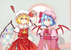 Rule 34 | !, 2girls, absurdres, ascot, bat wings, blonde hair, blue hair, commentary request, crystal, dress, empty eyes, flandre scarlet, hat, height conscious, highres, mirukuro092, mob cap, multiple girls, pink dress, puffy short sleeves, puffy sleeves, red eyes, red skirt, remilia scarlet, short sleeves, siblings, sisters, skirt, touhou, touhou cannonball, wings, wrist cuffs