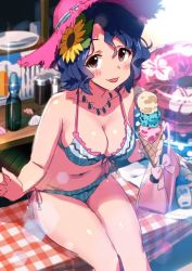 Rule 34 | 10s, 1girl, :p, bad id, bad twitter id, bag, bare shoulders, bikini, blue hair, blush, bottle, breasts, cleavage, curly hair, flower, food, hair flower, hair ornament, handbag, hat, ice cream, ice cream cone, idolmaster, idolmaster million live!, innertube, jewelry, large breasts, legs together, lens flare, looking at viewer, lotion bottle, navel, necklace, on table, pink hat, purple eyes, ramune, seashell, shell, short hair, side-tie bikini bottom, sitting, sketch, smile, solo, sonsoso, sparkle, string bikini, sun hat, sunflower, sunlight, swim ring, swimsuit, table, tablecloth, tongue, tongue out, toyokawa fuka