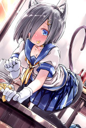 Rule 34 | 10s, 1girl, absurdres, animal ear fluff, animal ears, blue eyes, bulbonne, chips (food), food, gloves, hair over one eye, hamakaze (kancolle), has bad revision, has downscaled revision, highres, kantai collection, md5 mismatch, pantyhose, potato chips, resolution mismatch, school uniform, serafuku, short hair, silver hair, solo, source smaller, tail