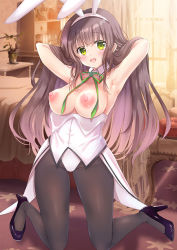 Rule 34 | 1girl, animal ears, armpits, arms behind head, arms up, bare shoulders, black footwear, black pantyhose, blush, breasts, breasts out, brown hair, detached collar, fake animal ears, green eyes, groin, hair lift, hands in hair, high heels, highleg, highleg leotard, indoors, kneeling, leotard, lifted by self, long hair, looking at viewer, nipples, open mouth, original, pantyhose, rabbit ears, rikatan, shoes, smile, solo, strapless, strapless leotard, thighs, very long hair, white leotard