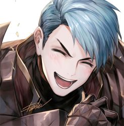 Rule 34 | 1boy, ^ ^, armor, blue hair, blush, breastplate, caspar von bergliez, close-up, closed eyes, danhu, fire emblem, fire emblem: three houses, gauntlets, grin, looking at viewer, male focus, nintendo, open mouth, red armor, short hair, signature, simple background, smile, solo, upper body, v-shaped eyebrows, white background