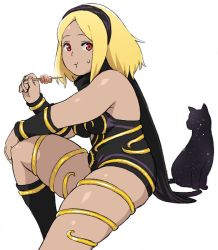 Rule 34 | 1girl, bad id, bad twitter id, bare shoulders, blonde hair, breasts, cat, dark-skinned female, dark skin, dress, dusty (gravity daze), eating, food, full mouth, gravity daze, hairband, jinroku, kitten (gravity daze), leotard, long hair, looking at viewer, medium breasts, plump, red eyes, scarf, simple background, sitting, solo, strapless, strapless dress, thick thighs, thighs, vambraces, white background