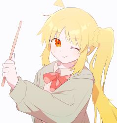 Rule 34 | 1girl, absurdres, ahoge, arm up, blonde hair, bocchi the rock!, bow, bowtie, collared shirt, commentary, drumsticks, grey jacket, grey shirt, highres, holding, holding drumsticks, hood, hooded jacket, ijichi nijika, jacket, light smile, long sleeves, looking at viewer, nekonabe, one eye closed, orange eyes, parted bangs, polka dot, polka dot bow, red bow, shirt, side ponytail, sidelocks, solo, white background