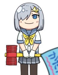 Rule 34 | 1girl, black pantyhose, blue eyes, blurry, commentary request, cowboy shot, depth of field, grey hair, grey sailor collar, grey skirt, hair ornament, hair over one eye, hairclip, hama! (3toshinhmkz), hamakaze (kancolle), kantai collection, looking at viewer, neckerchief, no nose, pantyhose, toy hammer, pleated skirt, sailor collar, school uniform, serafuku, short hair, simple background, skirt, smile, solo, ticket, white background, yellow neckerchief