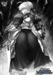 1girl ahoge armor armored_dress artist_name artoria_pendragon_(fate) ass excalibur_(fate/stay_night) fate/grand_order fate/stay_night fate_(series) gauntlets hair_bun hands_on_hilt holding holding_sword holding_weapon huge_ass long_skirt monochrome muscular muscular_female short_hair skirt sword the_golden_smurf weapon