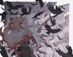 Rule 34 | 1boy, belt, bird, black pants, blonde hair, blood, blood from mouth, blood on face, cape, colored tips, crow, demon slayer uniform, flame print, floating clothes, forked eyebrows, from side, grass, grey sky, highres, katana, kimetsu no yaiba, long hair, looking ahead, male focus, meremero, multicolored hair, outdoors, pants, parted lips, profile, red hair, rengoku kyoujurou, sad, sky, solo, standing, sword, too many, too many birds, weapon, white cape, wind, yellow eyes