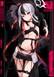 Rule 34 | 1girl, black coat, black hair, black horns, black shorts, blue archive, breasts, closed mouth, coat, cowboy shot, demon horns, grey hair, grey halo, gun, hair between eyes, halo, highres, holding, holding gun, holding weapon, horns, kayoko (blue archive), kie (yospcd), long hair, long sleeves, looking at viewer, multicolored hair, navel, open clothes, open coat, ponytail, red eyes, short sleeves, shorts, small breasts, solo, weapon