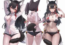 Rule 34 | 1girl, absurdres, animal ear fluff, animal ears, arms behind head, arms up, ass, bare shoulders, bell, bikini, black bikini, black hair, black shorts, blush, bracelet, braid, breasts, choker, cleavage, collared shirt, commentary, english commentary, facing away, fang, fingernails, flipped hair, from behind, hair between eyes, hair ornament, hairclip, hairpin, head tilt, heart, highres, hololive, jewelry, kkato, large breasts, legs, long hair, long sleeves, looking at viewer, multicolored hair, multiple hairpins, multiple views, nail polish, navel, necklace, ookami mio, open mouth, partially unbuttoned, red choker, red hair, red nails, see-through, shirt, short hair, short shorts, shorts, side-tie bikini bottom, side ponytail, single braid, sitting, skin fang, smile, solo, stomach, streaked hair, string bikini, swimsuit, tail, tail around own leg, tail wrap, thigh gap, thighhighs, thighs, two-tone hair, virtual youtuber, white shirt, wolf ears, wolf girl, wolf tail, yellow eyes