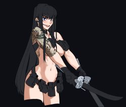 Rule 34 | 1girl, arm tattoo, back tattoo, belt, black background, black gloves, black hair, black thighhighs, blue eyes, breasts, cowboy shot, dual wielding, gloves, holding, holding weapon, hong doo, irezumi, kill la kill, kiryuuin satsuki, large breasts, long hair, looking at viewer, navel, open mouth, pouch, simple background, solo, tattoo, teeth, thighhighs, upper teeth only, weapon
