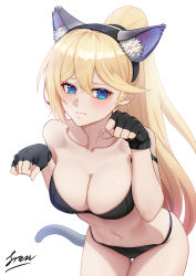 Rule 34 | 1girl, 3:, animal ear fluff, animal ears, arm strap, bare shoulders, bianka durandal ataegina, bikini, black bikini, black gloves, black hairband, blonde hair, blue eyes, blush, breasts, cat ears, cat tail, chinese commentary, cleavage, closed mouth, collarbone, commentary request, cowboy shot, embarrassed, fake tail, fingerless gloves, freze, frown, gloves, hairband, highres, honkai (series), honkai impact 3rd, large breasts, leaning forward, long hair, looking at viewer, navel, paw pose, signature, simple background, solo, strapless, strapless bikini, swimsuit, tail, thigh gap, very long hair, white background